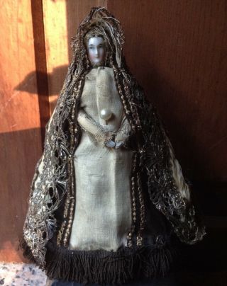 Rare Antique German Porcelain Doll Spanish Clothes Madonna Virgin Embroidery