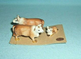 Bone China Miniature Cow Bull Family On Card With Label.  Japan