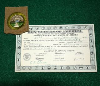Vintage Boy Scout 1922 Merit Badge And Card - Conservation