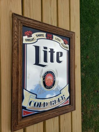 Vintage 1980 Miller Light Bar Mirror Sign Wood Frame Large 23x29 Cold Beer