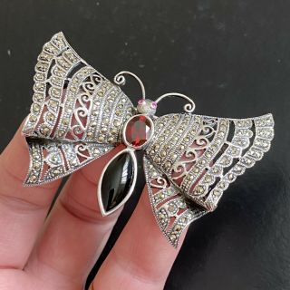 26.  36g Vintage Sterling Silver 925 Butterfly Brooch Pin Ruby Eyes Garnet Onyx