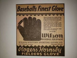 Rogers Hornsby 1929 Wilson Baseball Glove Advertisement Ad Rare