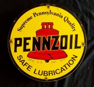 Vintage Pennzoil Safe Lubrication Gasoline / Motor Oil Porcelain Gas Pump Sign