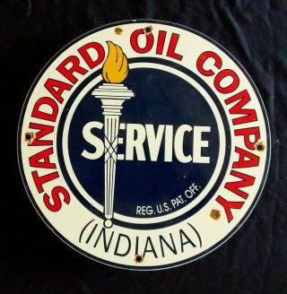 Vintage Standard Indiana Gasoline / Motor Oil Porcelain Gas Pump Sign