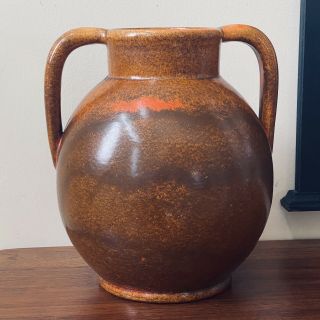 Vtg Early Haeger Arts Crafts Variegated Rust Orange Glaze Pottery Vase 11”h 11”w
