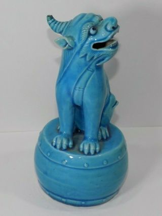 Rare Chinese Qing Dynasty 1860 - 1912 5.  5 " Turquoise Blue Porcelain Horned Foo Dog