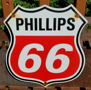 Vintage " Phillips 66 " Orange Shield 11 3/4 " Porcelain Metal Gasoline & Oil Sign