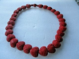 Vintage Chinese Carved Cinnabar Heart Beaded 21 " Necklace.