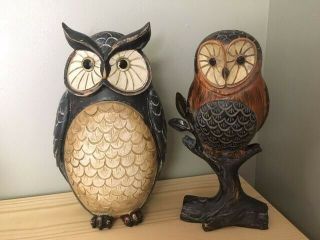 Painted Owls (set Of 2) - Tallest Is 10 " Wood Carved,  Colors