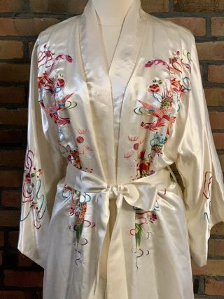 Vtg Plum Blossom Chinese Silk Embroidered Dragons Fenghuang Robe Sz L Antique