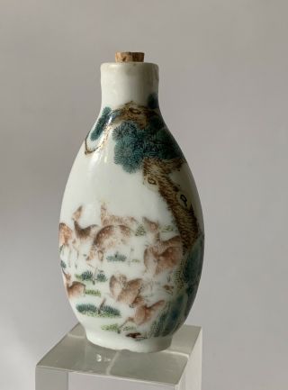 Vintage Old Chinese Porcelain Snuff Bottle With Many Deer