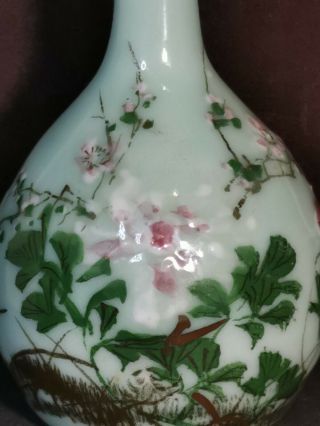 Antique CHINESE Celadon Hand Painted Cherry Blossom Bottle Bud VASE 2
