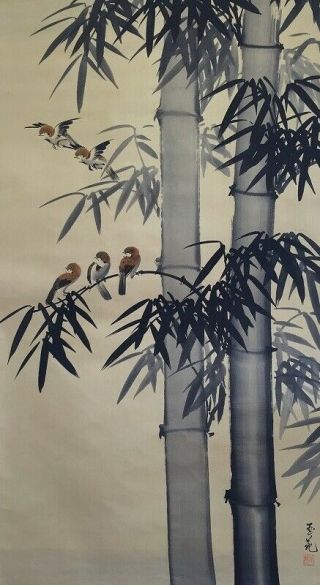 Japanese Hanging Scroll Kakejiku Hand Paint Silk Bamboo Bird Stamp Antique Q469