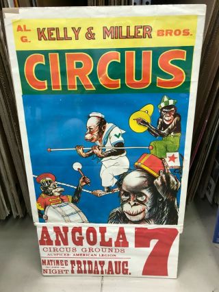 Vintage Al G Kelly & Miller Bros.  Circus Poster 21 " By 36 " Chimps On Wire Date