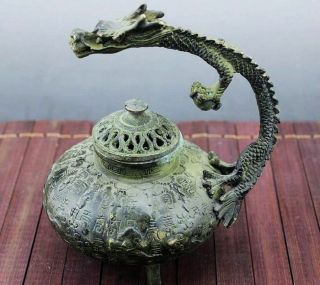 Antique Chinese Bronze Dragon Handle Incense Burner Statue Xuande Marks