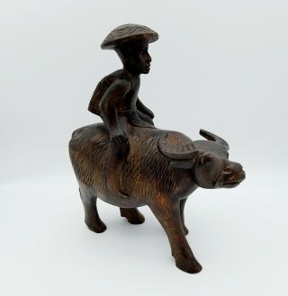 Vintage Chinese Carved Wood Water Buffalo With Rider Statue Sculpture - 10 " Tall