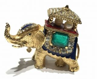 Vtg Signed Ciner Jeweled Elephant Emerald Rhinestone Enamel Pin Figural Brooch