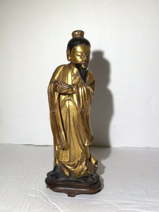 Fine Antique Chinese Hand Carved Gilt Wood Men Scholar Figurine