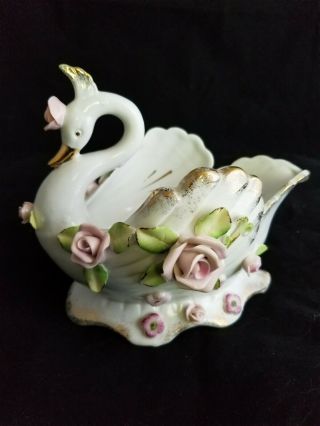 Vintage Japan Swan Bird With Pink Roses And Gold Gild Trim 6 " Tall 8 " Long