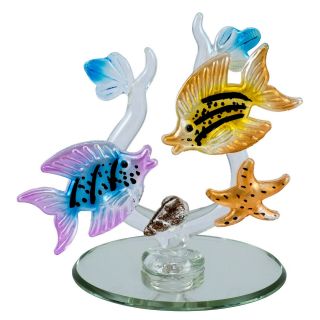 Hand Blown & Pressed Glass Tropical Fish Figurine On Mirror Base 4 " High