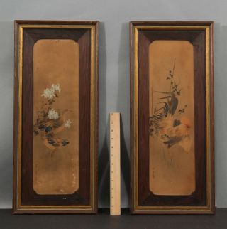 Pair 19thc Antique Signed Japanese Watercolor Paintings Rooster Chicken & Ducks