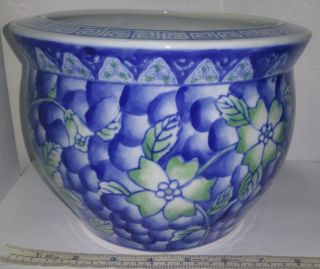 Vintage Chinese Blue & Green Porcelain Fish Bowl Jardiniere Planter Pot.  6 " Tall