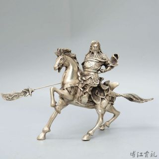 Collectable China Old Miao Silver Hand - Carved Guan Yu Ride Horse Delicate Statue