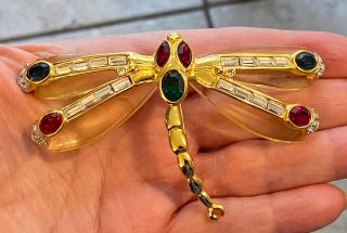 Large Vintage Kenneth Jay Lane Kjl Lucite Rhinestones Dragonfly Brooch Pin 3.  5”