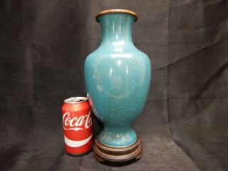 Large Blue Chinese Republic Period Cloisonne Vase With Wood Stand