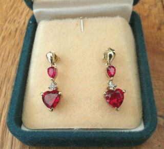 Vintage Jewellery 9ct Gold 1.  9ct Heart Ruby And Diamond Drop Earrings