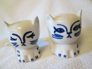 Vintage Cat Salt & Pepper Shakers Set White Cobalt Blue Pattern