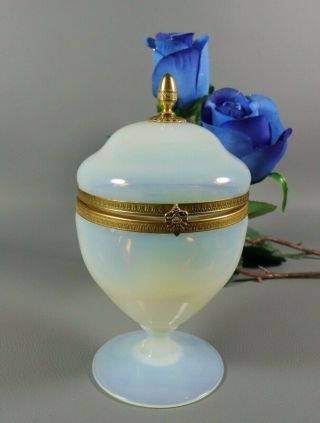 Vintage French Opaline Opalescent Glass Jewelry Box Candy Jar Gilt Brass Mounts