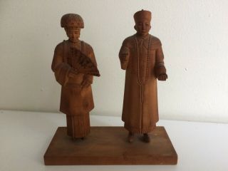 Vintage Hand Carved Wooden Figures Of A Chinese Couple
