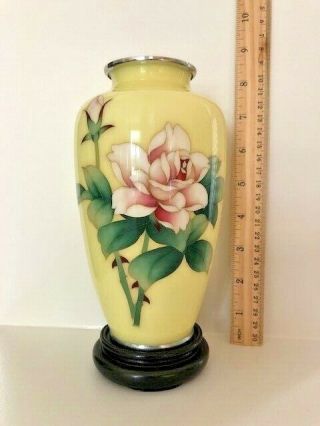 Vintage Cloisonne Yellow 7 " Vase With Pink Rose Design & Rosewood Display Stand
