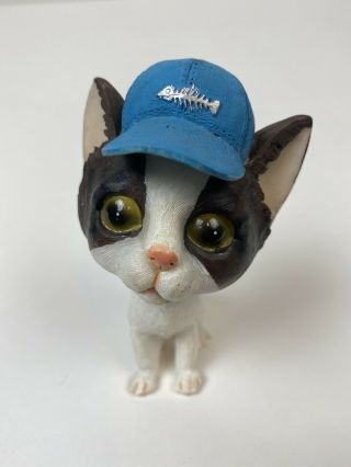 Bobble Head Cat With Fish Bone Hat Fishing Kitten 5.  5 " Tall