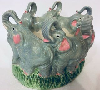 Vintage Holland Mold Ring Of 6 Elephant Figurines Ceramic Planter Flower Holder