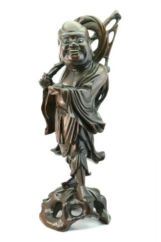 Antique Chinese Finely Carved Hardwood Laughing Hotei Buddha Figurine Statue