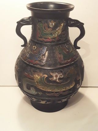 Antique Japanese Champleve Enamel Bronze Vase With Dragon Handles