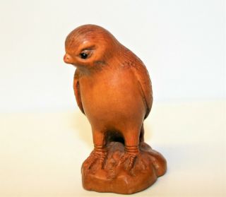 Vintage Japanese Netsuke Falcon Bird Hand Carved Boxwood Signed Miniature 2.  2in 2