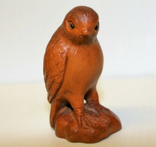 Vintage Japanese Netsuke Falcon Bird Hand Carved Boxwood Signed Miniature 2.  2in 3