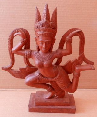 Dancing Apsara Statue Figurine Carved Wood Cambodian Southeast Asia 13.  5 Inches