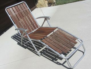 Vintage Mcm Chaise Aluminum & Redwood Slat Folding Lawn Chair Double Barrel Arms