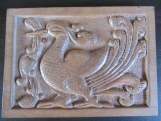 Vintage Indian Carved Wood Panel Stylised Bird; Charming Piece About 20x14 Cm