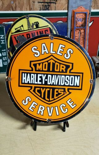 Harley Davidson Motorcycles Sales Porcelain Sign Vintage Dealer Motor Oil