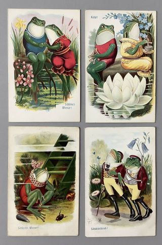 Vintage Fantasy Frog Postcards (4) Series 725 " Wetterprophets " Cute Frogs