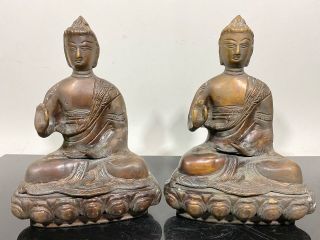 Vintage 2pc Pair Chinese Bronze Buddha Art Statue Figurine Sculptures 9”