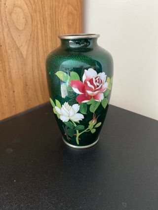Vintage Japanese Green Foil Cloisonne Floral Vase 5 1/2” Tall