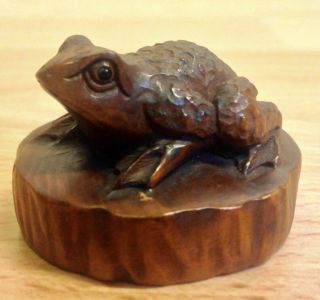 Japanese Hardwood Carved " Frog On Lily Pad " Netsuke.