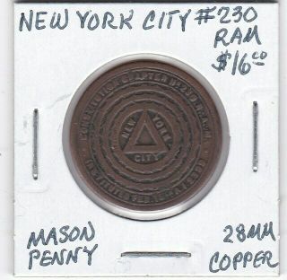 Masonic Penny - York City,  Ny - Chapter 230 Ram - 28 Mm Copper