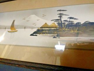 Antique Oriental Boat Picture With Raised Gold Accents,  Mat And Frame Mt Fuji